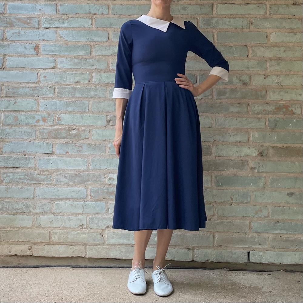 Handmade 50s Dress Navy Blue Matte Satin Shirtwaist Collar Academia Full Skirt